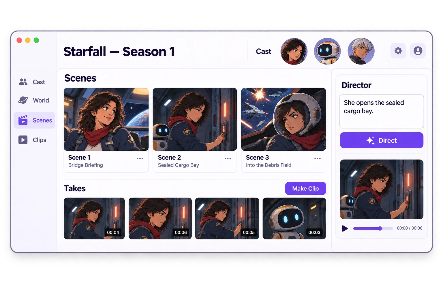 The Studio: an original anime series, Starfall, with its Cast, three Scenes, clip takes and the Director panel