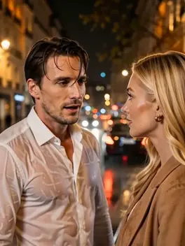 A frame of the filmed Clip: Lucien and Elodie in the rain