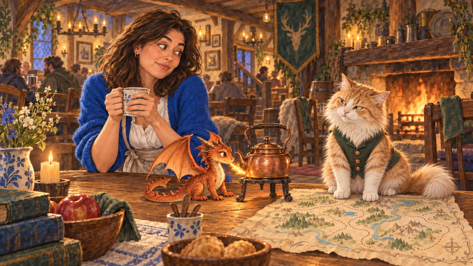 A hand-painted fantasy tavern with the same woman, her cat guarding a map, and a small dragon warming tea.