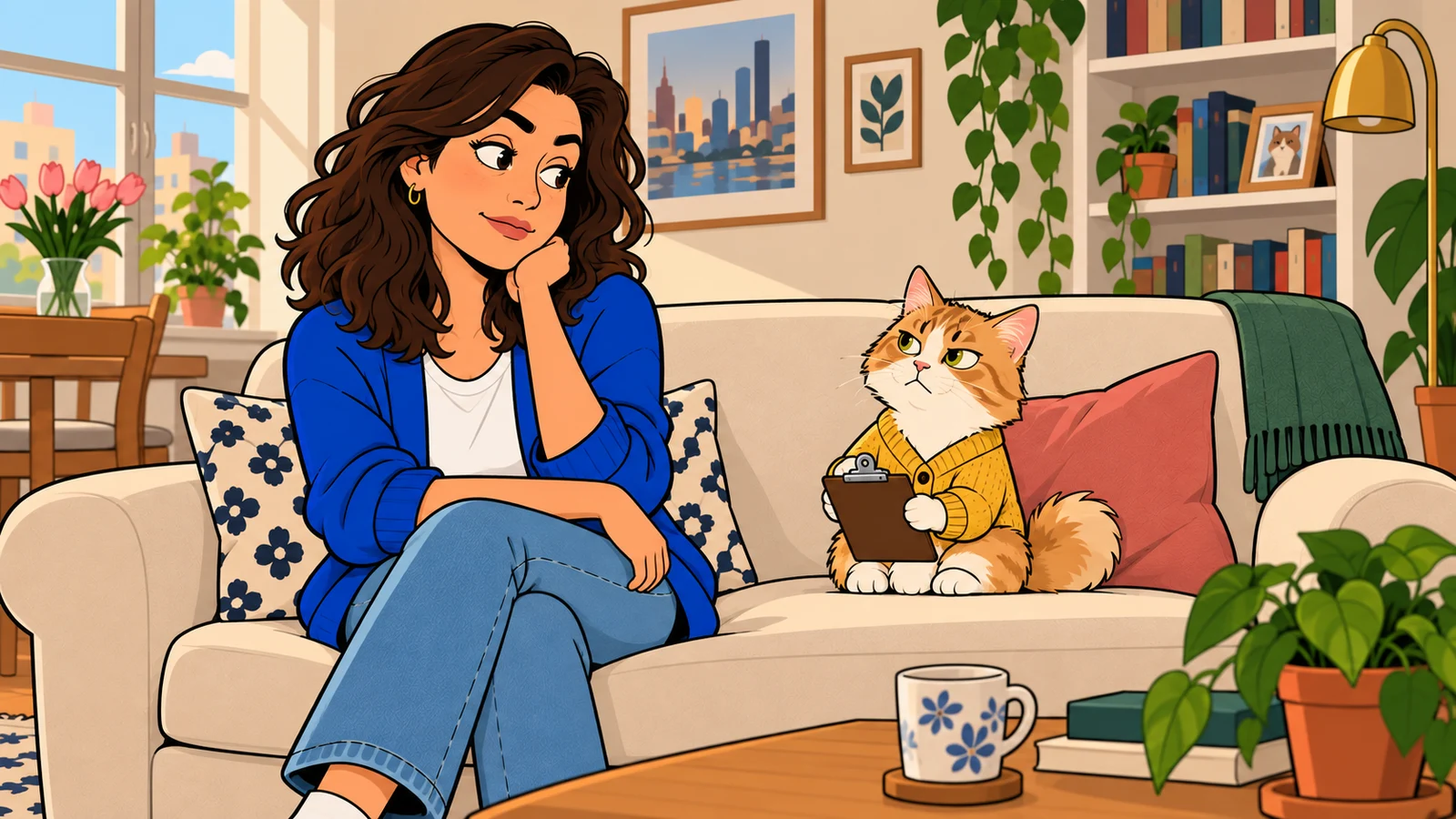 A flat 2D animated brunette woman in blue sits beside a normal small ginger cat in a mustard sweater holding a clipboard.