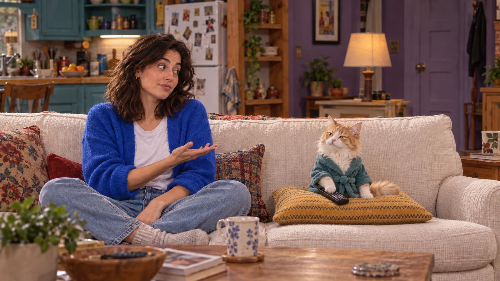 A brunette woman questions her normal-sized ginger cat, who wears a tiny teal bathrobe and rests one paw on a television remote.